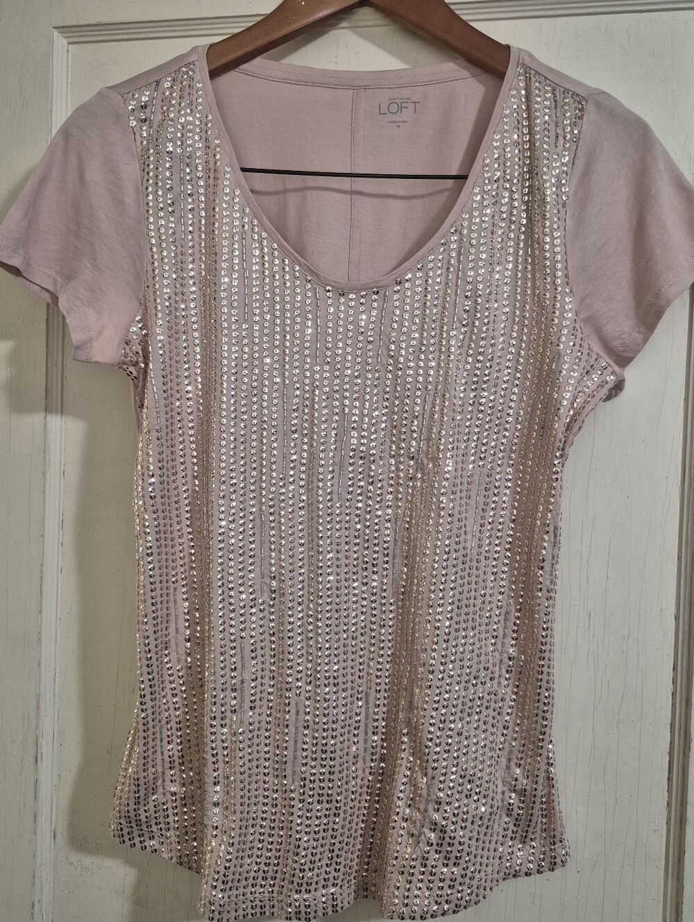 LOFT Top — Blush Pink Striped Sequin Embellished Short Sleeve Tee
